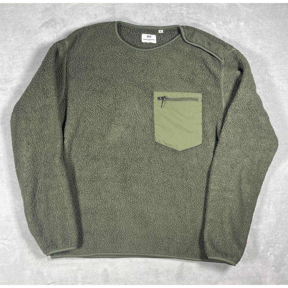 Uniqlo Engineered Garments Fleece Pullover Men M Green Sherpa Pocket Crewneck